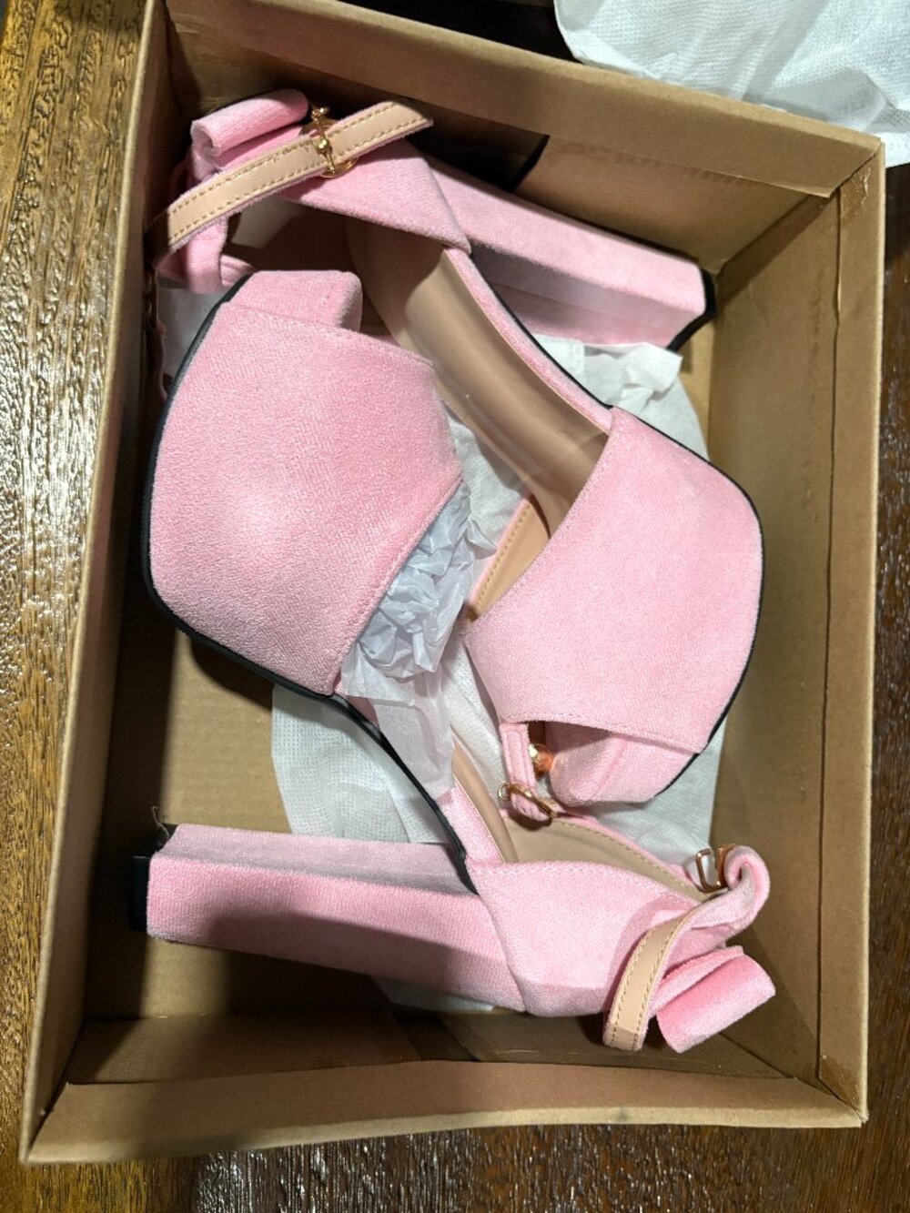 Ladies Stacked High Heel Open Toe Pink Ankle Strap Shoes sz 37 Velvet NEW